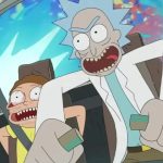 Rick and a frightened Morty scream while piloting a spaceship cockpit as a colorful portal bursts outside behind them.
