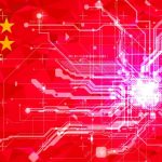 Red background flag of China with yellow stars and white circuit board pattern across the center, symbolizing tech in China.