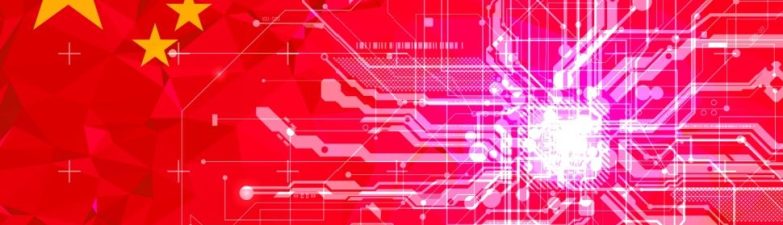 Red background flag of China with yellow stars and white circuit board pattern across the center, symbolizing tech in China.