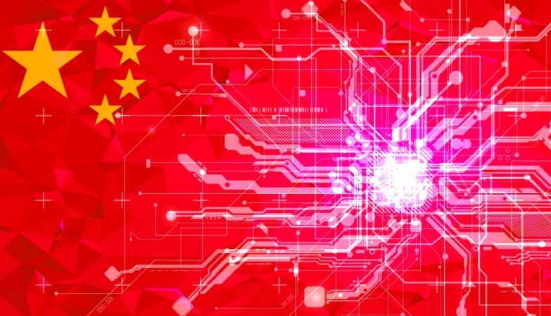 Red background flag of China with yellow stars and white circuit board pattern across the center, symbolizing tech in China.