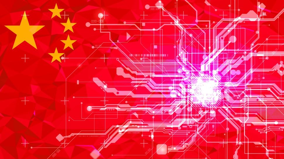 Red background flag of China with yellow stars and white circuit board pattern across the center, symbolizing tech in China.