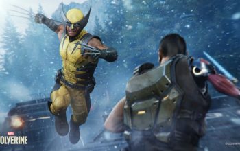 Wolverine lunges with claws extended at a man in a snowy battlefield; logo and © 2026 Marvel in the corner.