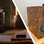 Split image showing two speakers: left a tall black floor-standing speaker in a dim living room, right a wooden veneer square speaker on a shelf with a woofer and ported design.