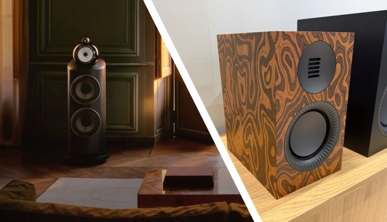 Split image showing two speakers: left a tall black floor-standing speaker in a dim living room, right a wooden veneer square speaker on a shelf with a woofer and ported design.