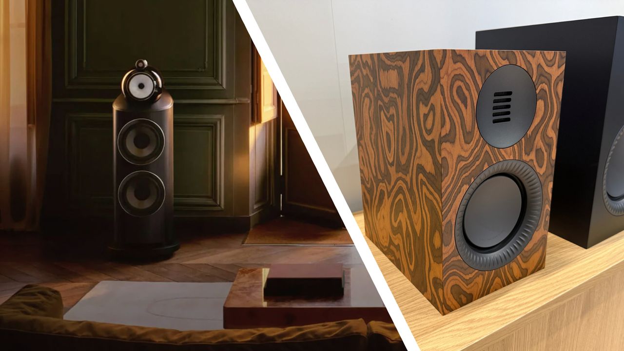 Split image showing two speakers: left a tall black floor-standing speaker in a dim living room, right a wooden veneer square speaker on a shelf with a woofer and ported design.